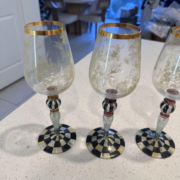 MacKenzie Childs Blooming Wine Glasses Goblet Courtly Check Set Of 3 Designer - Picture 2 of 15